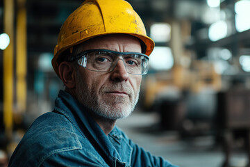 Professional middle-aged worker in a steel plant wearing safety glasses and a yellow helmet, looking directly at the camera with a blurred industrial background, captured with a Sony Alpha a7 III and 