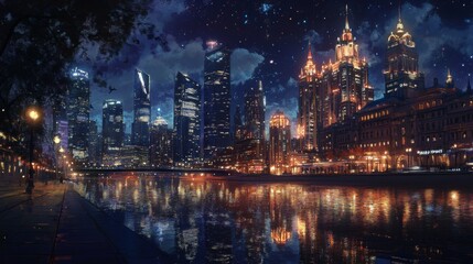 Poster - A detailed view of a nightscape with illuminated buildings and reflections on a body of water, showcasing the city's night-time allure.