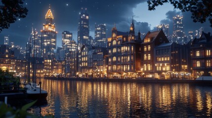 Poster - A detailed view of a nightscape with illuminated buildings and reflections on a body of water, showcasing the city's night-time allure.