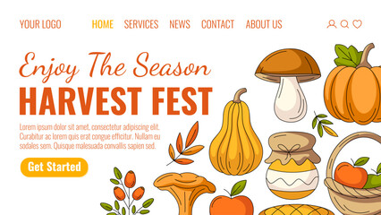 Wall Mural - Enjoy the season, harvest fest. Colorful landing page vector template. Seasonal fall cozy elements from pumpkin, mushroom, rosehip, apple basket. For website, web, online, banner. Isolated background