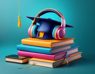 Wall Mural - back to school - backpack with books and headphone, cool kid goes back to school