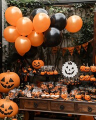 Halloween party decorations with pumpkins, balloons, and treats.