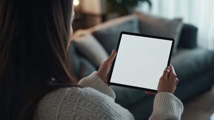 A woman holds a tablet with a blank white screen, ideal for uses such as technology, innovation, and modern living