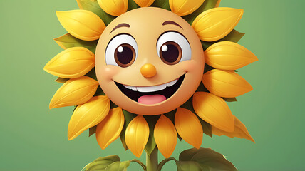 A 3D cute cartoon style portrait of a happy, round sunflower character with a bright yellow face, green leaves, and a wide smile, set against a simple background