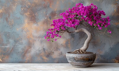 Wall Mural - Bonsai with vibrant purple flowers and a smooth trunk, styled in an artistic pot against a simple backdrop