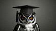 © Riteek - A 3D cute cartoon style portrait of a shy, bespectacled owl character with a graduation cap, large eyes, and a warm, inviting smile, set against a simple background