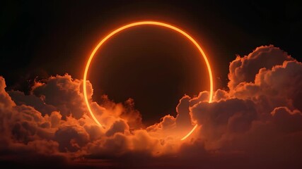 Wall Mural - 3d animation of abstract clouds illuminated with neon orange light ring on dark background
