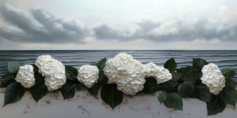 Serene ocean view with white hydrangeas, remembrance flowers, memorial concept