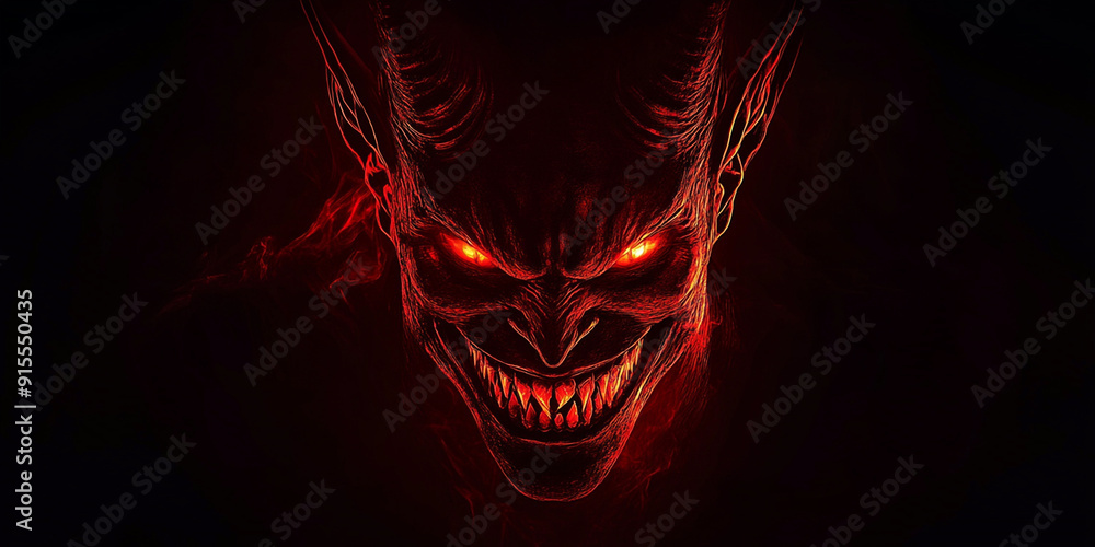A red demon face glowing in the dark, laughing maniacally