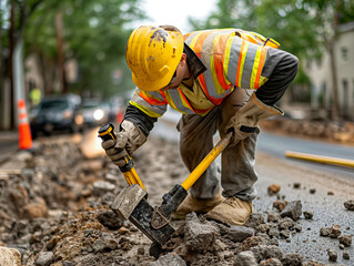 A man in a yellow helmet and orange vest is working on a road. He is using a pick to break up the road