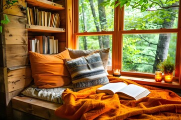 Cozy Cabin Window Seat with Book and Candles.