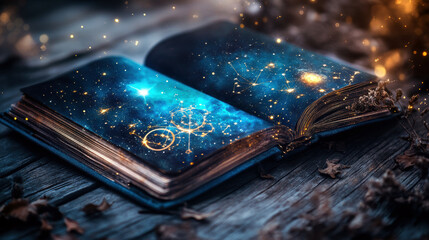 A book is open to a page with a blue sky and stars