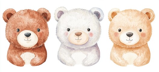 five tiny bear heads at a time on a white background, watercolour illustration.