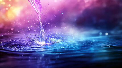 A stream of water is falling from the sky, creating a beautiful and calming atmosphere. The water is blue and purple, and it seems to be coming from a rainbow. The scene is peaceful and serene