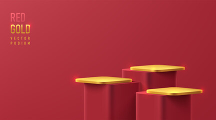 Poster - Realistic 3D round corner cube stand podium set in red and golden on dark red wall scene. Minimalist 3D mockup pedestal, Abstract product display presentation, Stage showcase. Platforms vector design.