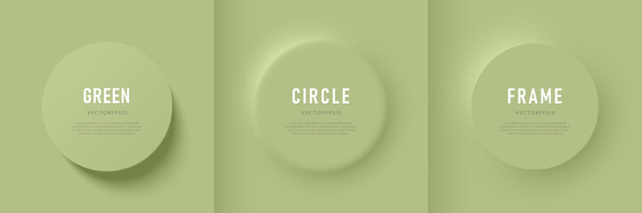 Sticker - Set of 3D round circles frame on olive green background with light and shadow. Abstract geometric pedestal podium for product display or copy space in top view, Minimal neumorphism design. Vector EPS.