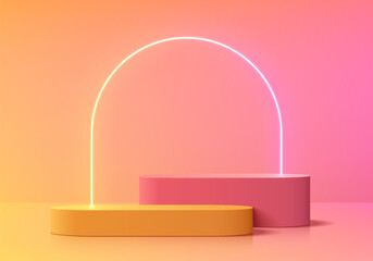 Wall Mural - realistic yellow, pink 3d round podium background with arch frame neon backdrop wall scene. minimali