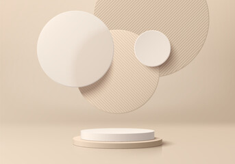 Sticker - realistic beige 3d cylindrical pedestal podium background with floating overlap circle scene. minima