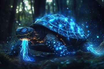 Glow in the dark fluorescent turtle in a magical fantasy forest, Stock Photo