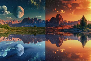 4 different landscapes in one picture, a lake with grass on the shore, mountains and trees, an alien planet landscape with a huge moon and stars reflecting in the water, desert dunes