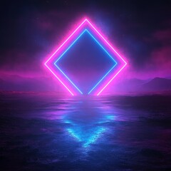 Poster - This 3D rendering features an abstract ultraviolet background, neon lights, a cosmic landscape, a square portal, pink blue lines, virtual reality, an energy source, blank space, a laser show, smoke,