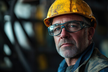  Professional middle-aged man in safety gear and a yellow helmet at a steel plant, looking confidently at the camera with an industrial background. Highlights safety and manufacturing.