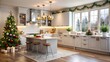 © evastar - A modern kitchen adorned for the holiday season with a Christmas tree and garlands.