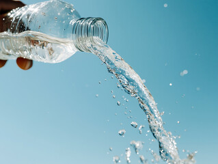 Water Pouring from Bottle Against Clear Blue Sky