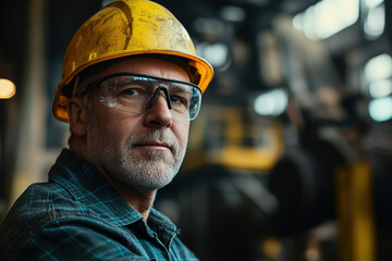 Professional middle-aged man in a steel plant with a yellow helmet and safety glasses, looking at the camera amidst a blurred industrial environment. Emphasizes safety and professional work.