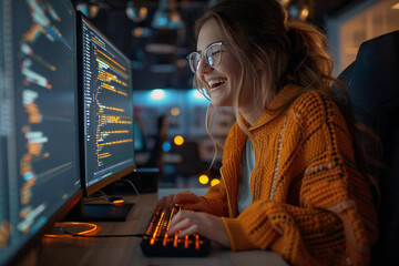 Programmer woman with long hair, wearing eyeglasses, laughing while coding on computer.