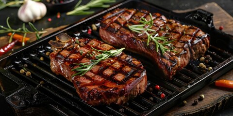 Wall Mural - Grilled Beefsteak and Pork Marinated with Juniper Berries Served on a Grill Pan