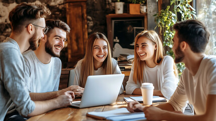 Wall Mural - Group of happy colleagues together in the office, happy cooperation with clients, business cooperation, work meeting, brainstorming	
