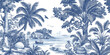 © AMA STUDIO - Detailed illustration showing a tropical landscape in blue toile style