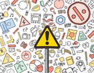 Wall Mural - A cartoon-style warning symbol in the foreground, with a playful, colorful doodle background create with ai