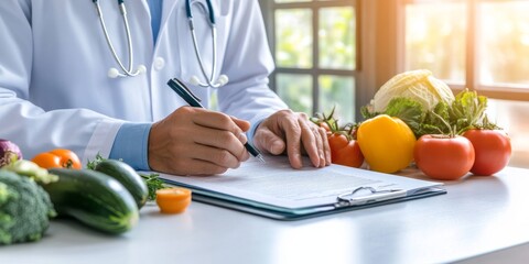 A close up of an adult doctor's hand writing on the paper in front, with various vegetables and fruits