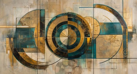 Wall Mural - Three abstract geometric wall art panels with orange and blue circles and curves painted in acrylic