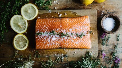 Freshly caught salmon on a wooden cutting board, surrounded by herbs, lemon slices, and sea salt, ready for preparation.