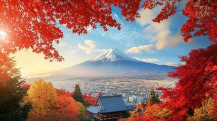 Wall Mural - Panoramic view of Mount Fuji during autumn, with the mountain framed by vibrant red and orange foliage. A serene, picturesque landscape.