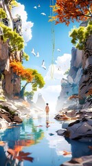 Canvas Print - Boy Standing in a River in a Dreamlike Landscape.