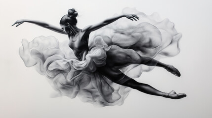 Artistic depiction of a ballet dancer in mid-air, wearing a flowing dress. The monochromatic style emphasizes the elegance and motion.