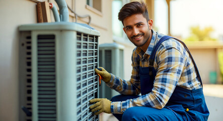 Smiling Indian Man Performing Maintenance on Electrical Appliance