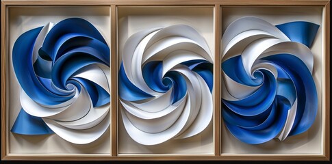 Wall Mural - Three abstract 3D paper sculpture wall art panels framed in wood with elegant, flowing blue and white shapes