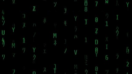 Green Japanese Characters Stream Down a Black Screen in Vertical Lines, Emulating the Iconic Matrix Code Effect.