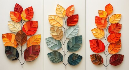 Wall Mural - A set of three stained glass wall art panels featuring colorful leaf patterns