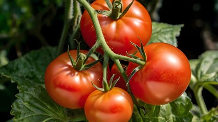 Wall Mural - Ripe tomatoes on green branch. Home grown tomato vegetables growing on vine in greenhouse. Autumn vegetable harvest on organic farm.