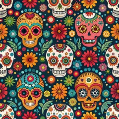 Mexican seamless pattern,sugar skulls and colorful flowers. Template for mexican celebration, traditional mexico skeleton decoration. Dia de Los Muertos, Day of the Dead .Vector illustration.
