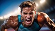 © M - Intense male athlete showing determination and effort during a sprint, with a powerful expression and muscular physique