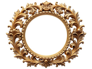 antique gold picture frame.a round vintage gold frame with a baroque-inspired design. The frame should have elaborate curves, leaf motifs, and a slightly distressed look to capture the essence of old-