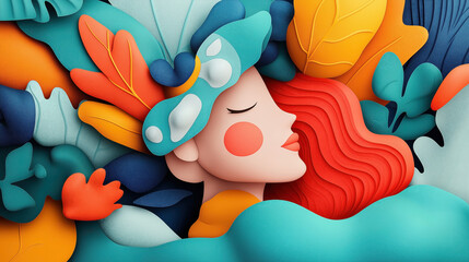 Wall Mural - Abstract illustration of a woman with closed eyes, red wavy hair, surrounded by colorful, organic shapes resembling leaves and floral elements.