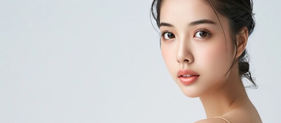 Wall Mural - Lovely Asian girl posing with bare shoulders against a white studio background SPA treatments body and skincare Female beauty and wellness. with copy space image. Place for adding text or design